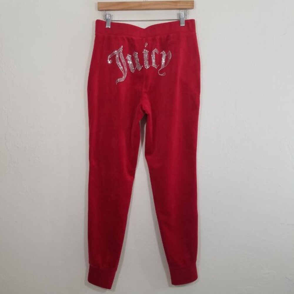 Juicy Couture Velour Red Embellished Jogger Pants Stretch Size M